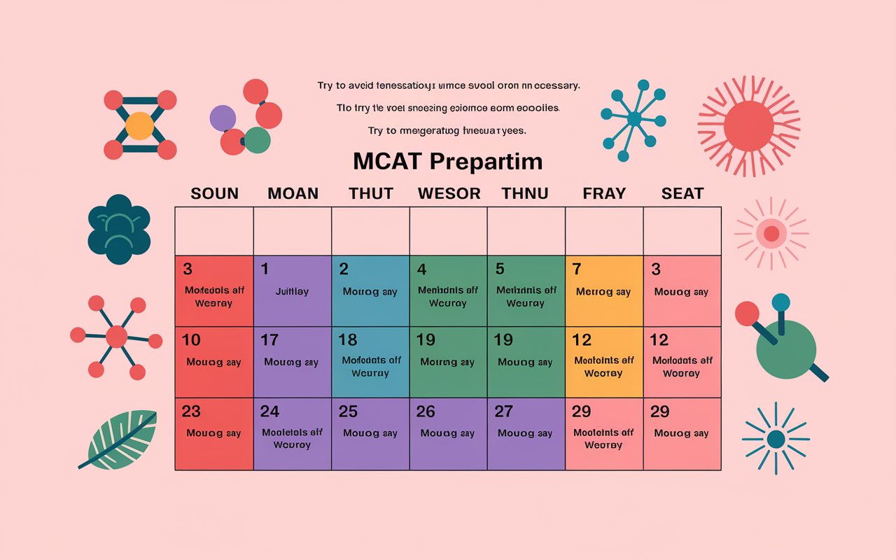 A visually appealing, organized calendar displaying a well-structured study schedule for MCAT preparation. Color-coded blocks represent different subjects to be studied throughout the week, with notes of breaks and meal times. A motivational quote is also included at the top, accompanied by illustrations of foundational science symbols like molecules and neurons to create an engaging visual.