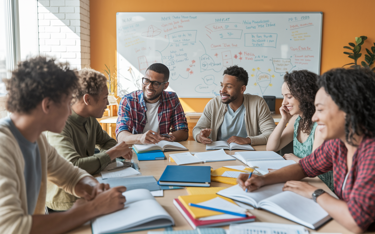 A vibrant study group scene featuring diverse students engaged in collaborative learning. They are seated around a large table covered with textbooks, notebooks, and laptops, discussing complex MCAT topics passionately. A whiteboard in the background is filled with colorful diagrams and notes. Natural light floods the room, creating an energizing and focused atmosphere.