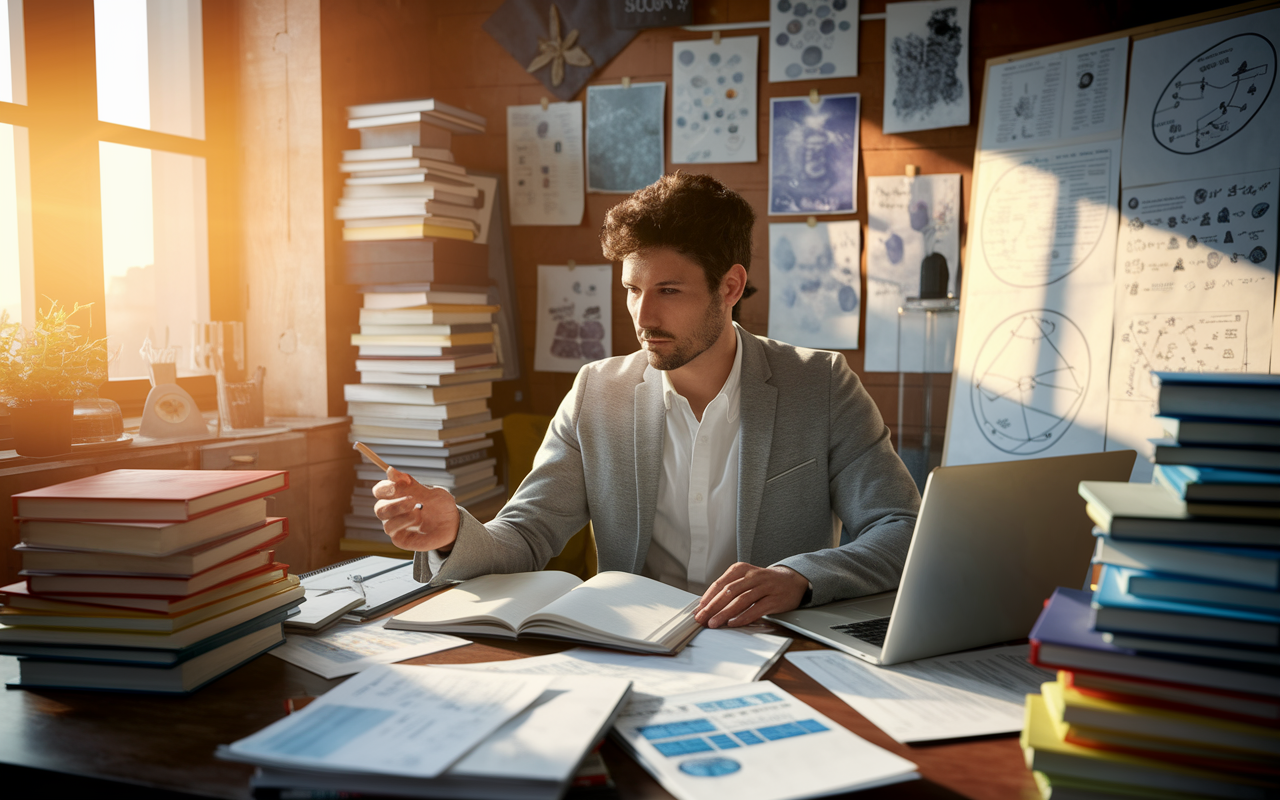 A determined PhD candidate in a cozy university study, surrounded by stacks of research papers, books, and a laptop. The room is filled with motivational posters and a large board displaying complex scientific diagrams. Golden hour sunlight streams through the window, illuminating the workspace and creating a warm, inspiring atmosphere.