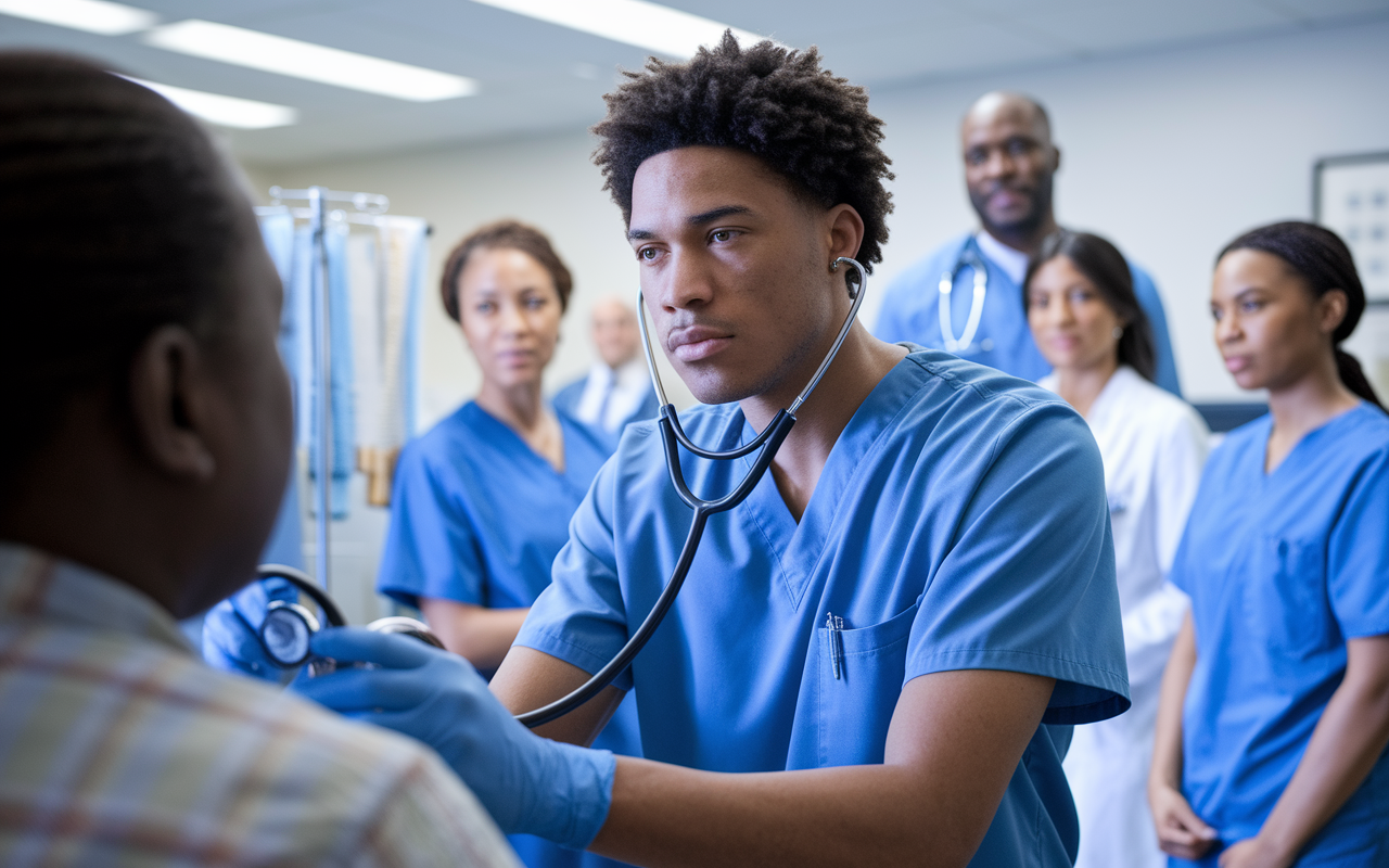 An MD student in a clinical setting, clad in scrubs, attentively examining a patient with a stethoscope. The background, filled with medical charts and a supportive healthcare team, conveys a sense of urgency and care. Bright, clinical lighting enhances the scene's realism and emotional intensity, capturing the essence of patient-centered medicine.