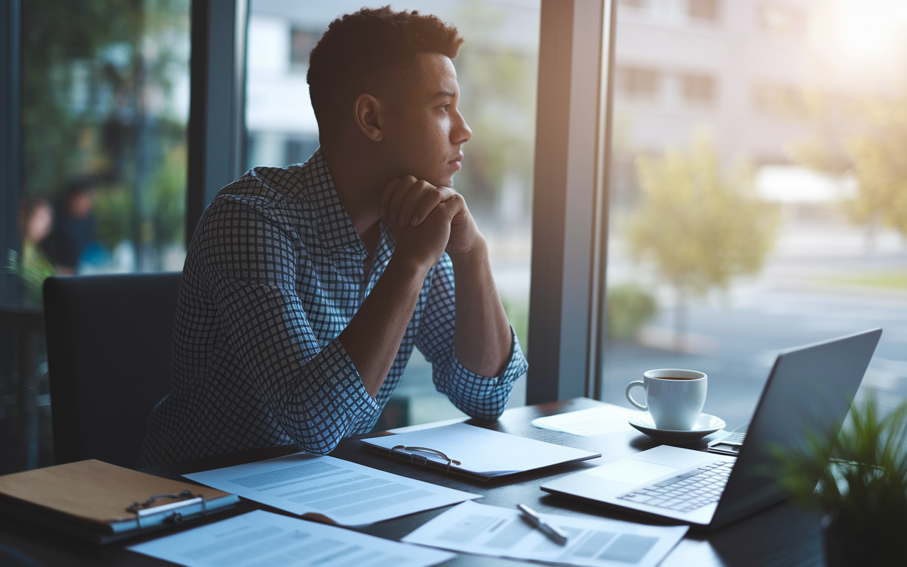 A contemplative young professional, sitting at a desk filled with papers, a laptop, and a cup of coffee, gazing out of a window while weighing their career options. The ambiance is contemplative, with soft afternoon light filtering in, creating a warm and introspective atmosphere.