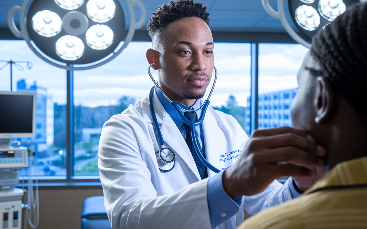 A dedicated MD student in a busy hospital setting, wearing a white coat and stethoscope, examining a patient in an examination room. The background shows medical equipment and a window with a view of the hospital campus. Bright clinical lights illuminate the scene, highlighting the student's commitment to patient care and medical practice.