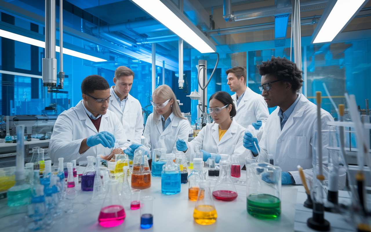 A dynamic research lab filled with high-tech equipment and a diverse team of scientists working collaboratively on experiments. Vividly colored liquid solutions in beakers and advanced machinery surround them. The atmosphere is bustling with energy and passion for discovery under bright fluorescent lights.