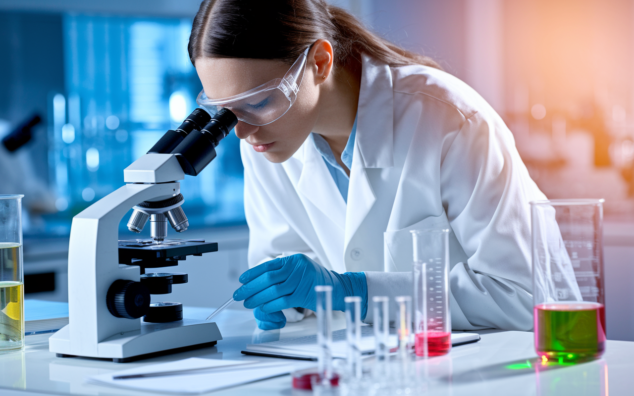 A focused female PhD candidate in a white lab coat, conducting experiments in a well-lit laboratory filled with advanced research equipment. She is peering intently into a microscope, with laboratory notes and glass beakers around her. The atmosphere conveys a sense of curiosity and dedication, with vibrant colors from chemical reactions reflecting off her glasses.