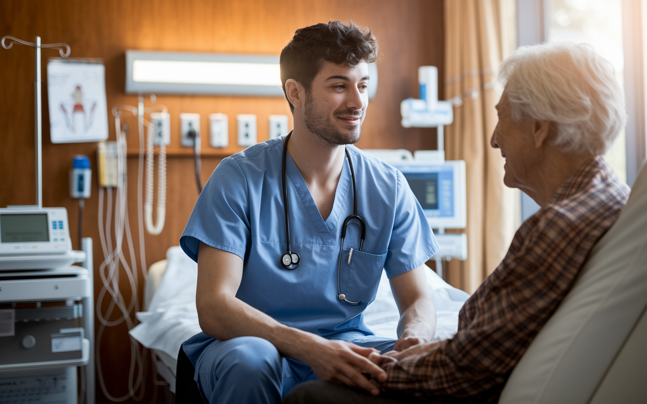 A dedicated male MD student in scrubs, interacting with a patient in a hospital room filled with medical equipment. Warm and soft lighting enhances the caring atmosphere as he listens attentively to the elderly patient. Charts and medical devices are in the background, displaying a professional and compassionate healthcare environment.