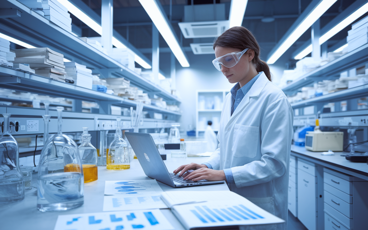 A focused female PhD candidate in a modern laboratory, wearing a lab coat and safety goggles, standing in front of a laboratory bench filled with scientific equipment. She is examining data on a laptop, surrounded by charts, graphs, and various laboratory samples. The lab is filled with shelves of scientific literature and glassware, brightly lit with overhead lights, creating an atmosphere of inquiry and innovation.