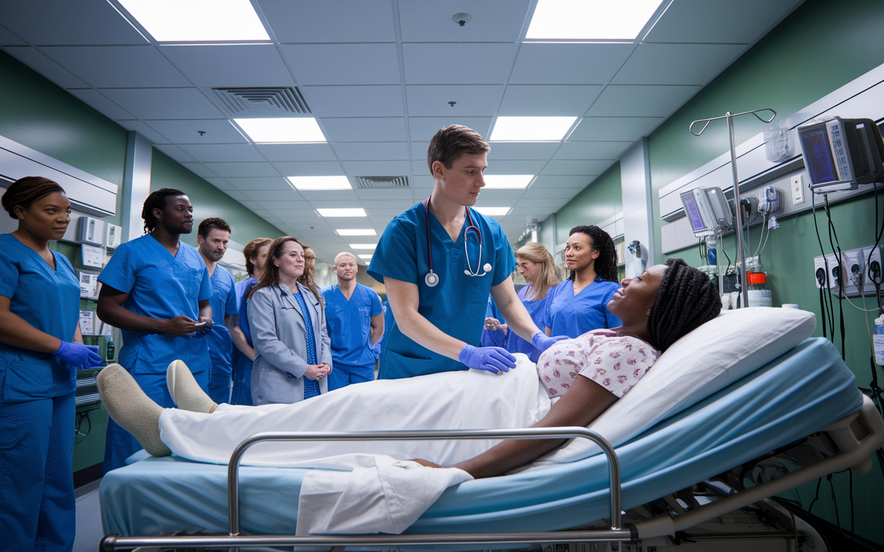 A busy hospital emergency room with an MD candidate wearing scrubs and a stethoscope, actively treating a patient on a hospital bed. Medical equipment surrounds them and a diverse medical team is present, showcasing teamwork in a fast-paced environment. The atmosphere is dynamic and urgent with bright fluorescent lights and an air of professionalism, emphasizing the challenges and fulfillment of direct patient care.