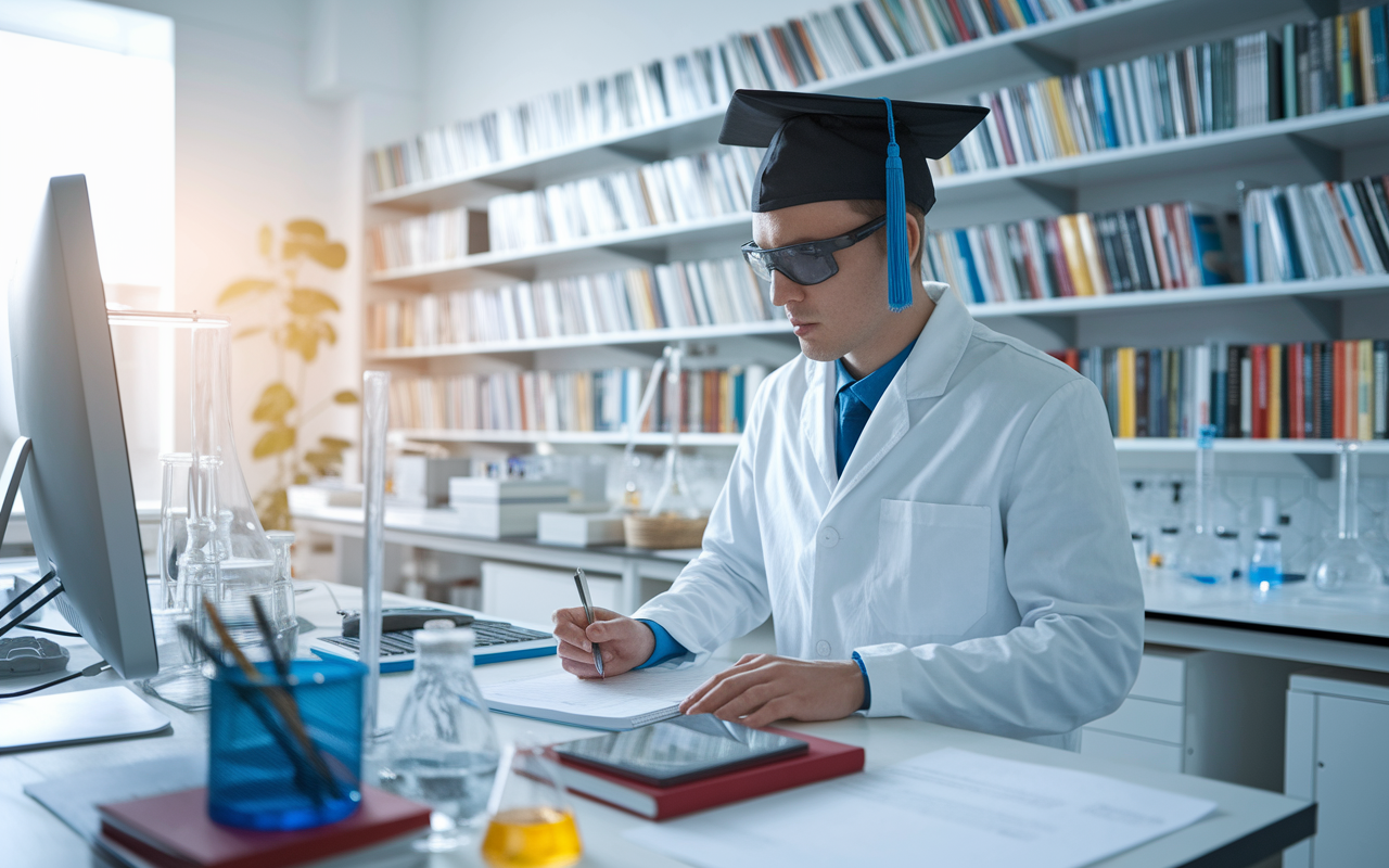 A PhD graduate in a bright, well-organized research lab, filled with scientific instruments and books. The individual, wearing a lab coat, is engrossed in reading data from a computer screen while making notes. The atmosphere should feel dynamic and intellectually stimulating, with natural light streaming in and a shelf of academic journals in the background, enhancing the scholarly vibe.