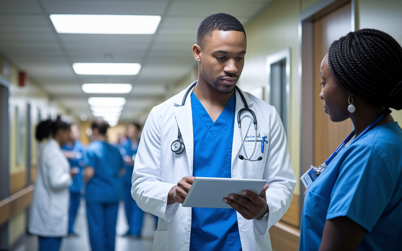 An MD student, in scrubs and a white coat, stands in a busy hospital corridor, interacting with a nurse while reviewing patient charts on a digital tablet. The scene captures a sense of urgency and professionalism, highlighting the dynamic environment of healthcare. Bright fluorescent lights illuminate the corridor, and various healthcare professionals are in the background, engrossed in their tasks.