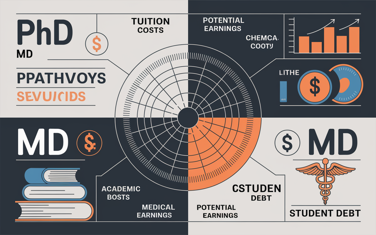 A visual graphic comparing financial aspects of PhD and MD pathways, including a chart illustrating tuition costs, potential earnings, and student debt. The design should balance academic imagery and medical themes, featuring academic books and a medical symbol like a caduceus, with contrasting color schemes for clarity. The overall aesthetic should evoke a sense of inquiry and financial foresight.