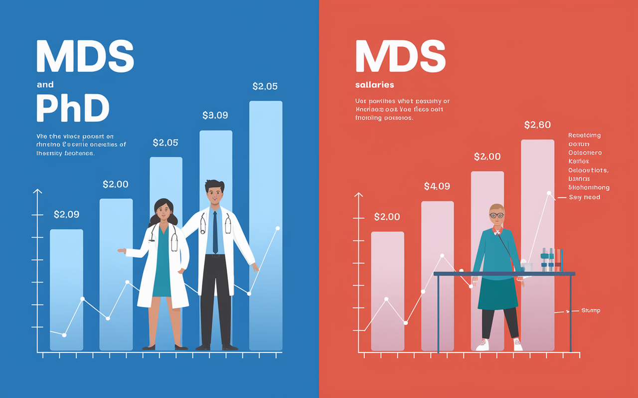 An infographic showing the earnings comparison between MDs and PhDs, featuring bar graphs that illustrate median salaries for various fields overlaid on images of a physician and a researcher in respective professional environments. Use bright, engaging colors to create an informative yet visually appealing design, capturing the essence of career growth and financial outcomes.