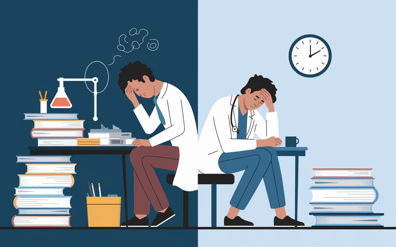 A conceptual image illustrating the work-life balance challenges faced by PhD and MD professionals. On one side, depict a researcher in a stressed state surrounded by stacks of papers and lab equipment; on the other side, show a physician exhausted yet determined after a long shift, with a clock showing late hours in the background. The contrasting scenes should evoke empathy and capture the realities of both paths.