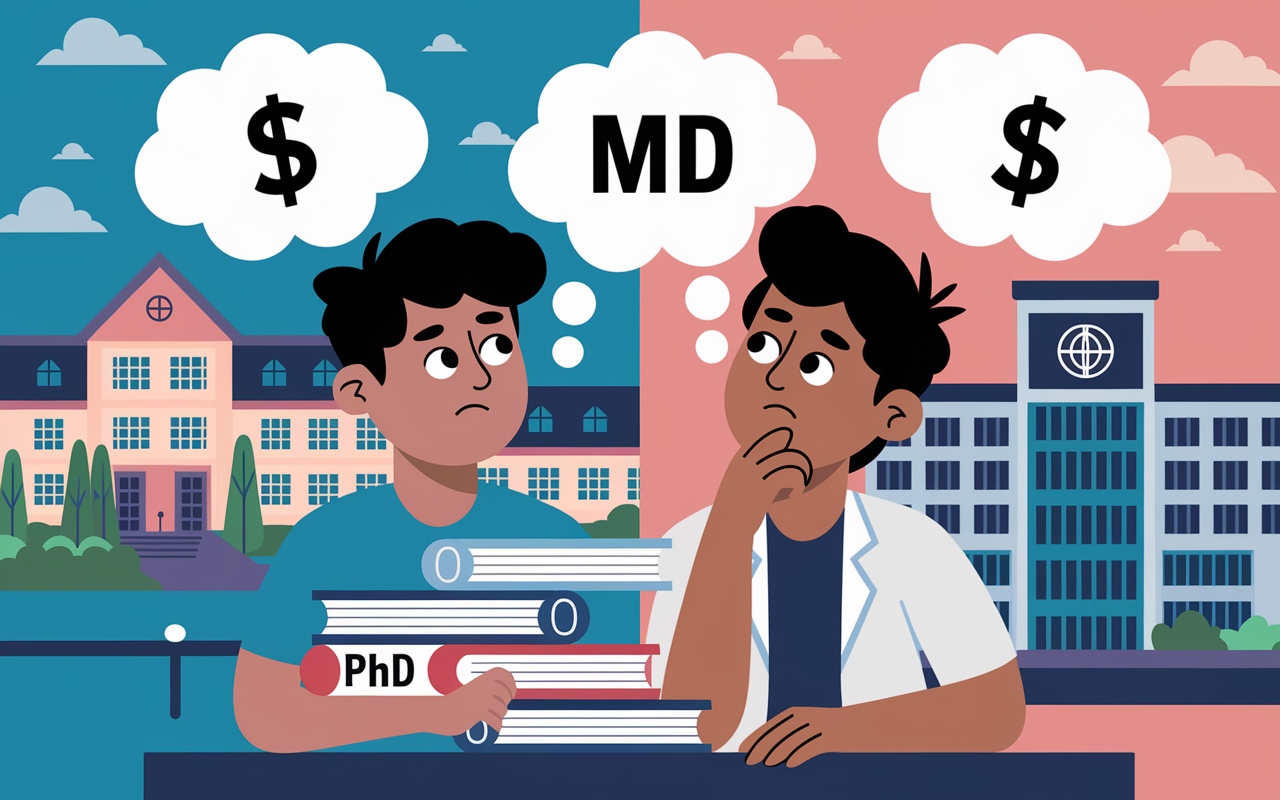 An artistic representation of the FAQ section regarding tuition costs, featuring an illustration of a young student contemplating a stack of books labeled 'PhD' and 'MD' with thought bubbles showing dollar signs. The background should include elements of both academia and healthcare, like a university and a hospital, blending the two environments together.