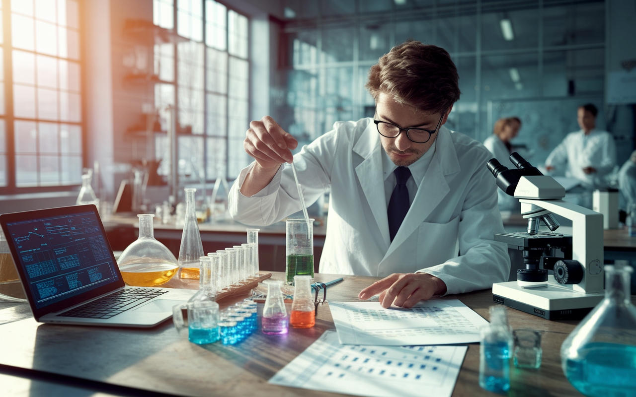 A determined PhD student in a cluttered research lab, meticulously designing an experiment while surrounded by beakers, microscopes, and laptops displaying complex data. The setting is filled with natural sunlight pouring through large windows, creating a vibrant atmosphere of discovery. The student's expression reflects concentration and ambition, symbolizing the rigorous research skills required for a PhD, capturing the essence of academic inquiry.