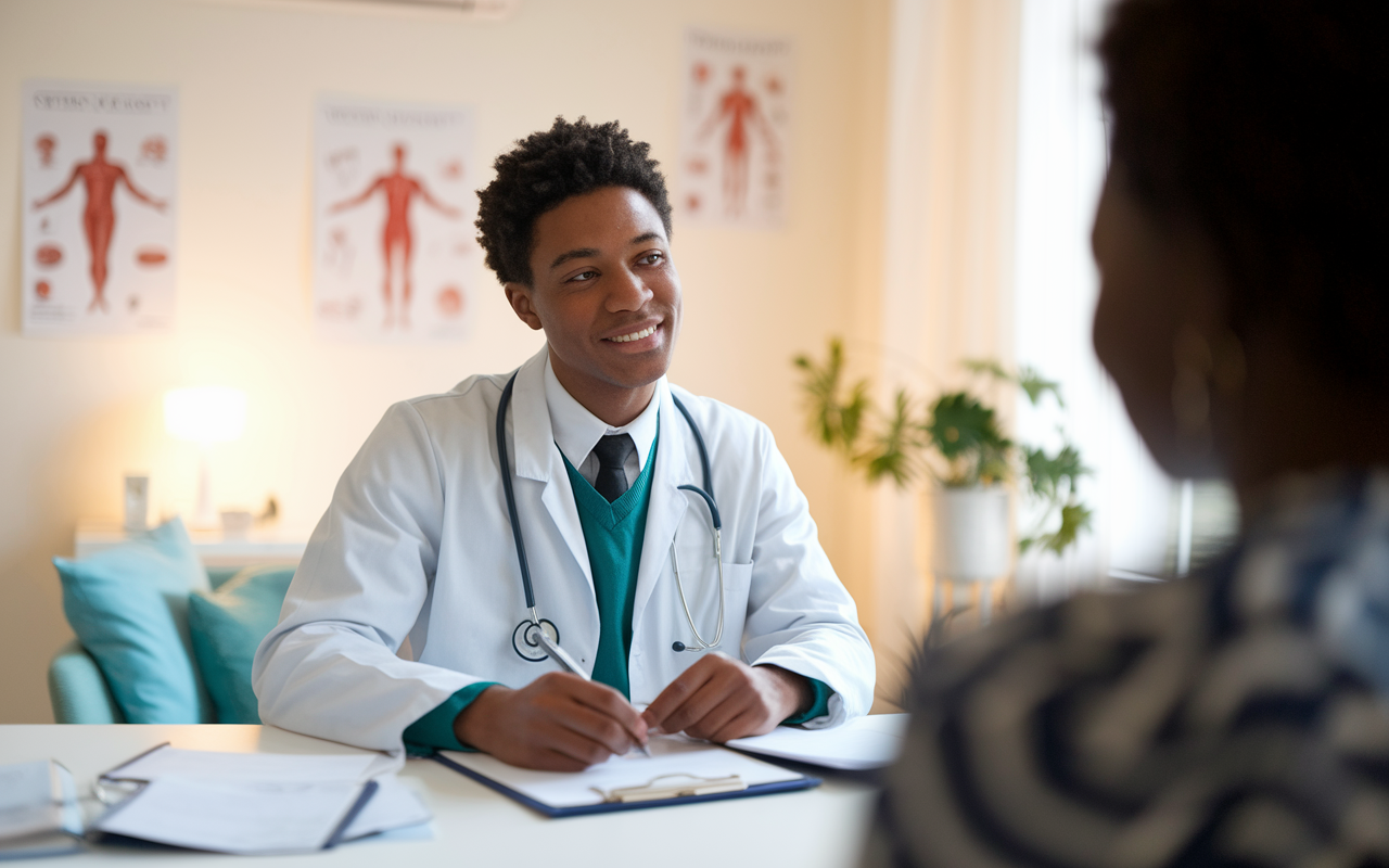 A compassionate MD student in a bright, modern clinic, attentively listening to a patient while taking notes in a medical file. The room is warm and welcoming, decorated with charts and medical diagrams. Subdued lighting creates a comforting atmosphere as the student engages in thoughtful conversation, highlighting the essential communication and interpersonal skills required in medical practice.