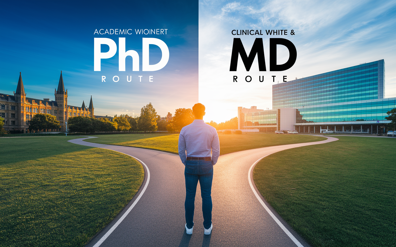 A thoughtful individual standing at a crossroads, with one path leading toward a vibrant university filled with scientific discoveries representing the PhD route and the other path leading to a bustling hospital depicting the MD route. The sky above transitions from academic blue to clinical white, symbolizing the choices ahead and the journey of self-discovery in the medical and scientific fields. The scene is beautifully lit during the golden hour, emphasizing the significance of the decision.