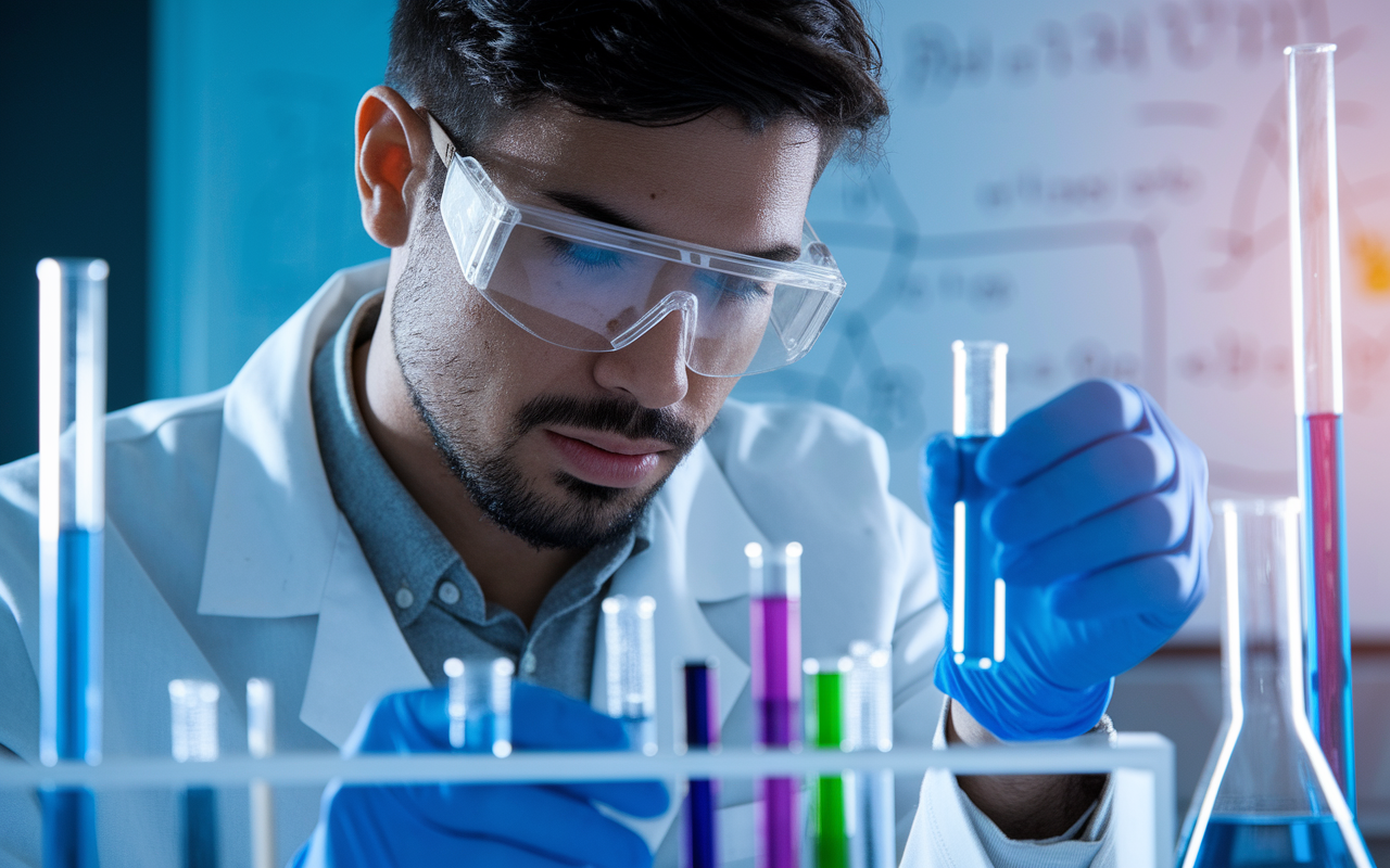 A close-up image of a PhD candidate in a biomedical lab, wearing safety goggles and a lab coat, meticulously observing a chemical reaction in a test tube. Various research instruments and equipment can be seen, along with a whiteboard filled with complex equations and diagrams. The atmosphere is one of concentration and discovery, with soft laboratory lighting creating an inspiring ambiance.