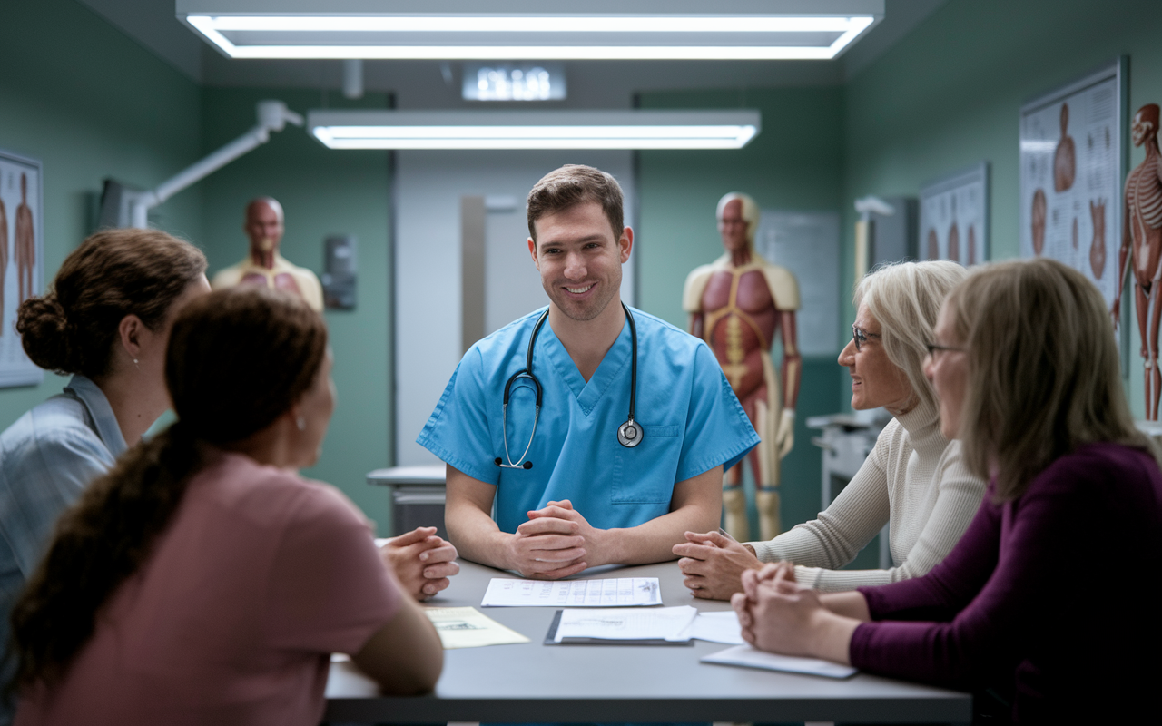 An MD student in a modern hospital environment, wearing scrubs and interacting with a diverse group of patients in a consultation room. The soft, overhead fluorescent lighting illuminates medical charts and anatomical models around the room, while the student appears engaged and empathetic. This scene should convey a sense of human connection and the importance of patient care amidst clinical training.