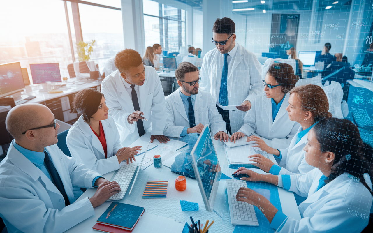 A group of professionals with PhDs in biomedical science working collaboratively in an office setting, analyzing data on computers and discussing research findings. The workspace is filled with research papers, medical journals, and digital displays of research data. Bright, natural light flows through large windows, creating an innovative and dynamic atmosphere.