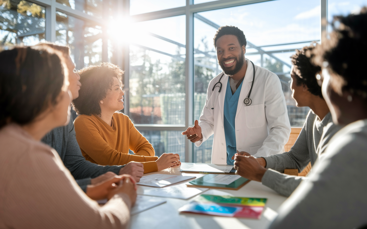 An MD professional in a vibrant community health setting, engaging with a diverse group of patients, conducting a health workshop. The scene is lively and interactive, with visual aids and health pamphlets present. Sunlight streams in through large windows, creating a warm, inviting environment that emphasizes the MD's role in community health and education.