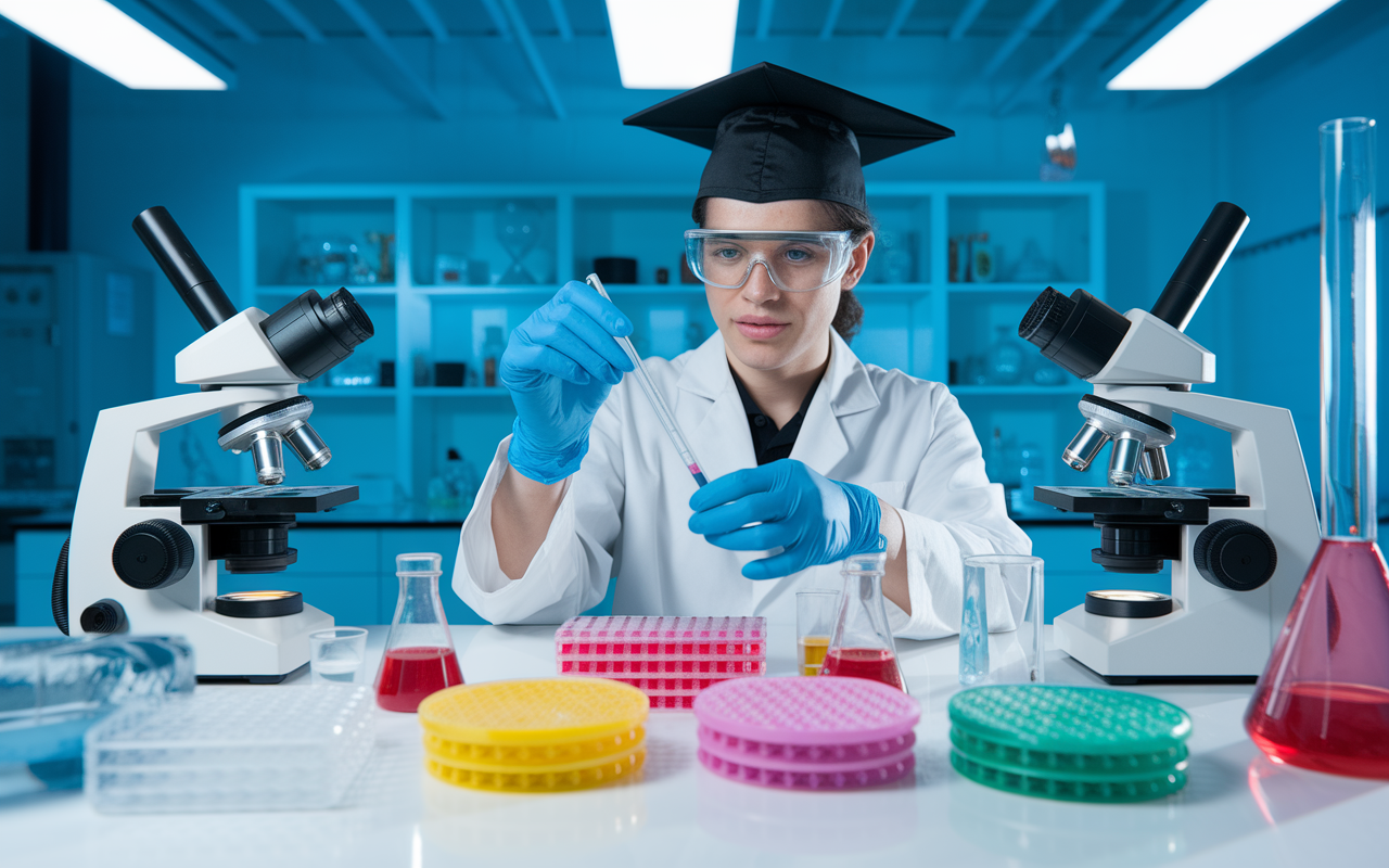 A vibrant laboratory scene where a PhD graduate is conducting fundamental biological experiments, with colorful petri dishes, microscopes, and advanced biological instruments surrounding them. The atmosphere is buzzing with inquiry and innovation, illuminated by bright lab lights.