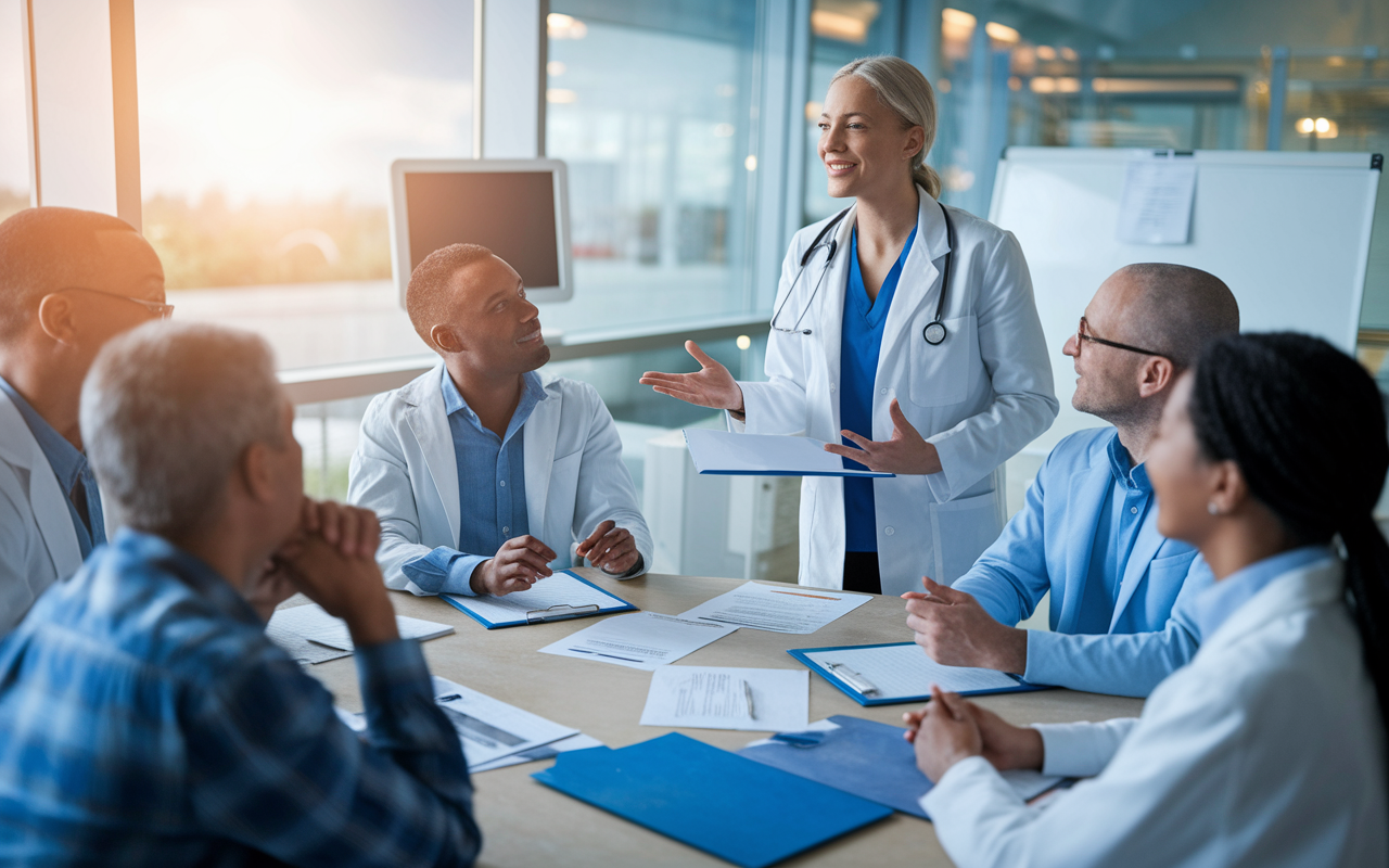 A clinical research setting where an MD is leading a meeting with a diverse group of clinical trial participants. The setting is dynamic, filled with research charts, consent forms, and a clinical monitor. The MD is explaining the trial process with enthusiasm, with warm and natural lighting creating a hopeful atmosphere.