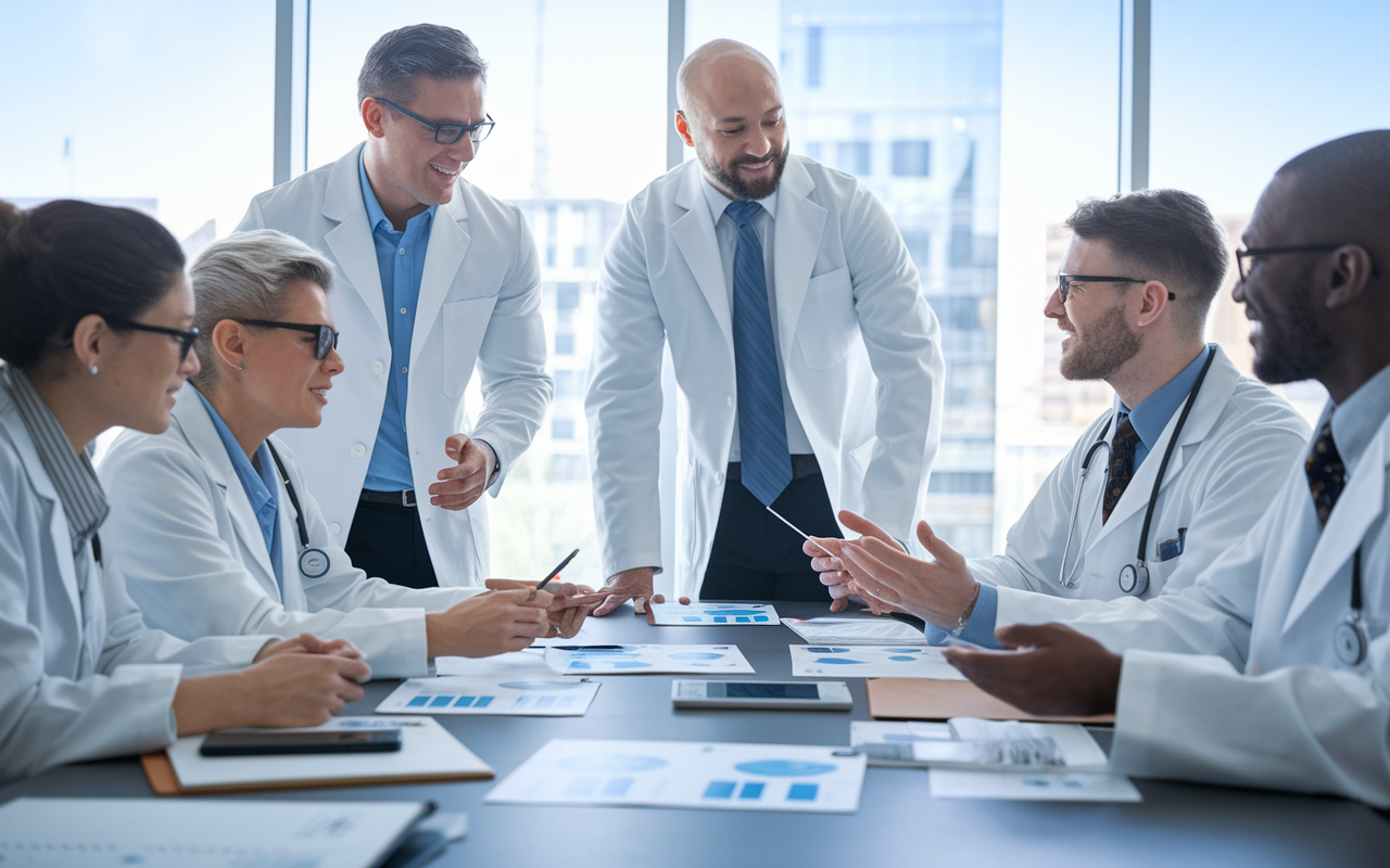 An interdisciplinary team composed of PhDs and MDs collaborating on a clinical trial project. They are gathered around a conference table filled with research materials and digital devices, exchanging ideas animatedly. The room is bright and modern, symbolizing a seamless integration of clinical and research perspectives for enhanced patient outcomes.