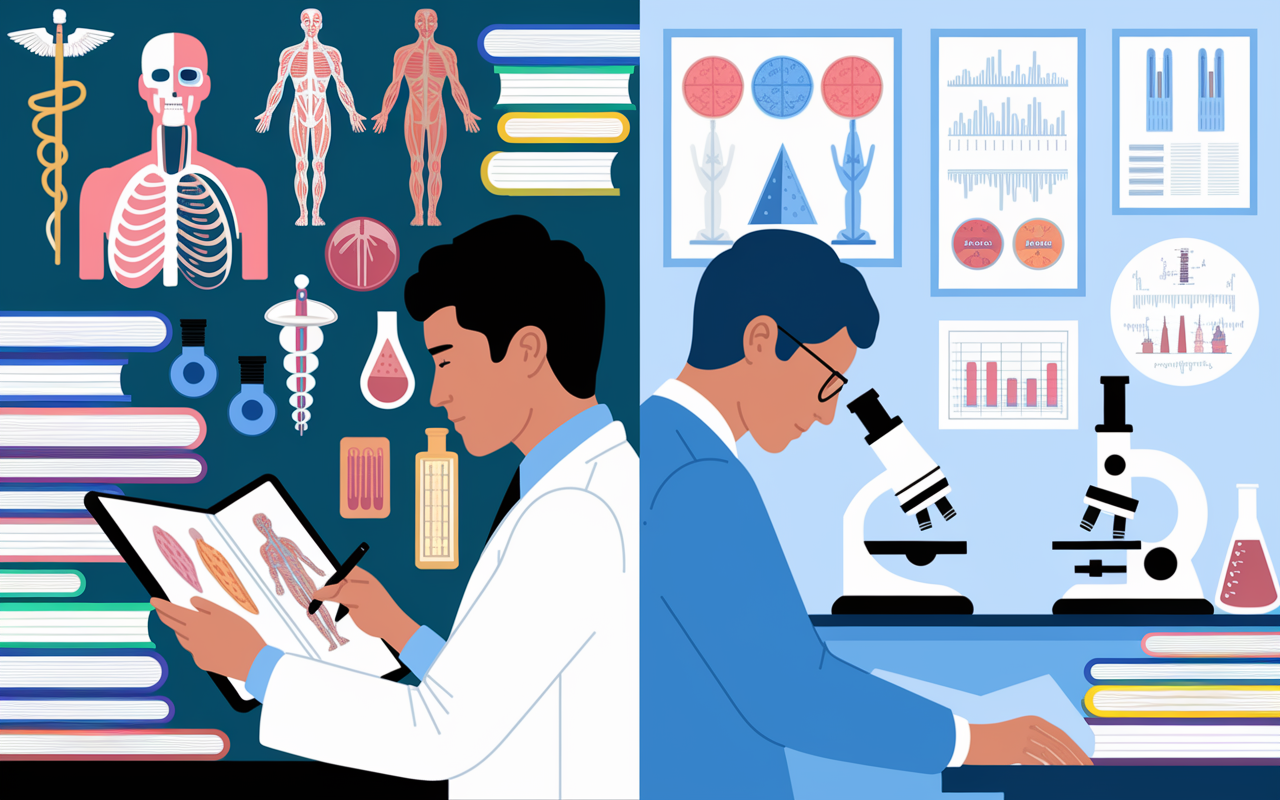 A collage of two educational journeys: on one side, a student in a white coat studying anatomy, surrounded by medical texts and anatomical models, symbolizing the MD pathway; on the other, a graduate student immersed in a research lab, working with a microscope and charts on a wall, representing the PhD journey. The left half is vibrant with clinical colors representing real-life applications, while the right half is cooler and more cerebral, embodying the world of research.