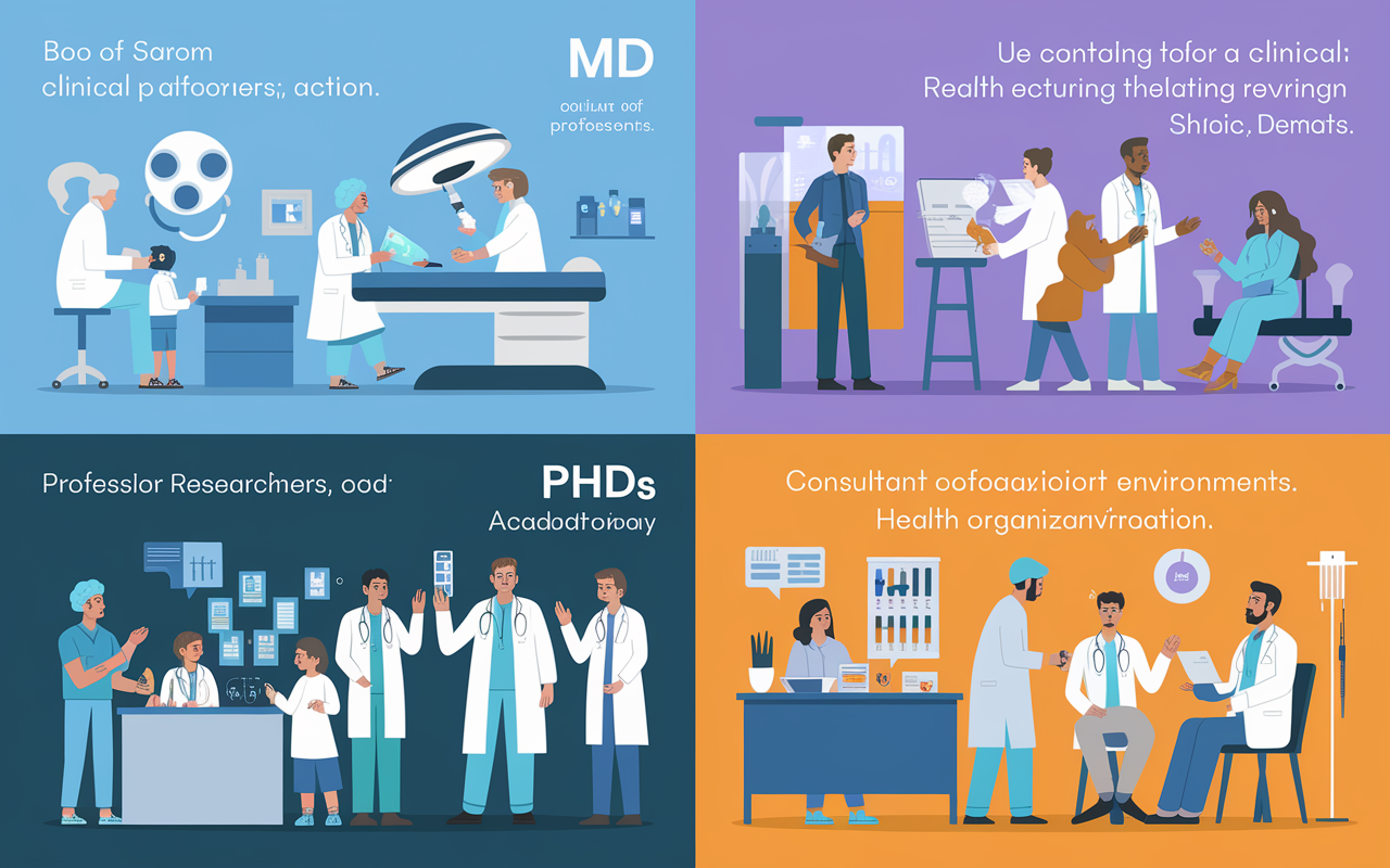 A vibrant infographic showcasing the distinct career paths of MDs and PhDs. On the MD side, include visuals of diverse medical professionals in action: a surgeon in an operating room, a pediatrician with children, and a psychiatrist engaging with patients. On the opposite side for PhDs, depict researchers in a laboratory, a university professor lecturing students, and a consultant advising a health organization. Use contrasting colors to highlight the clinical vs. academic environments.