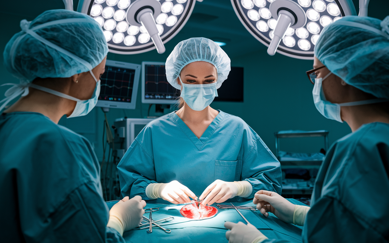 A determined female cardiologist in scrubs, surrounded by medical instruments in an operating room, confidently performing surgery. The scene conveys a sense of focus and expertise as she interacts with her team, functionally illuminated by overhead surgical lights. Her intense expression shows dedication to her patient's well-being, highlighting the fulfilling nature of her medical journey.