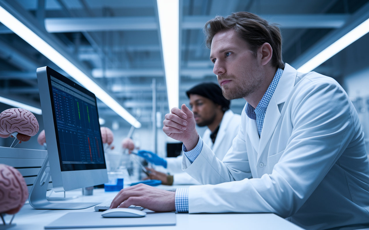 A male researcher in a contemporary laboratory, deeply engaged in analyzing data on a computer screen. The background is filled with scientific charts and brain models, elegantly lit by bright lab lights. James’s thoughtful demeanor reflects his commitment to research as he passionately discusses a groundbreaking study with his colleagues, showcasing the impact of his work in neurology.