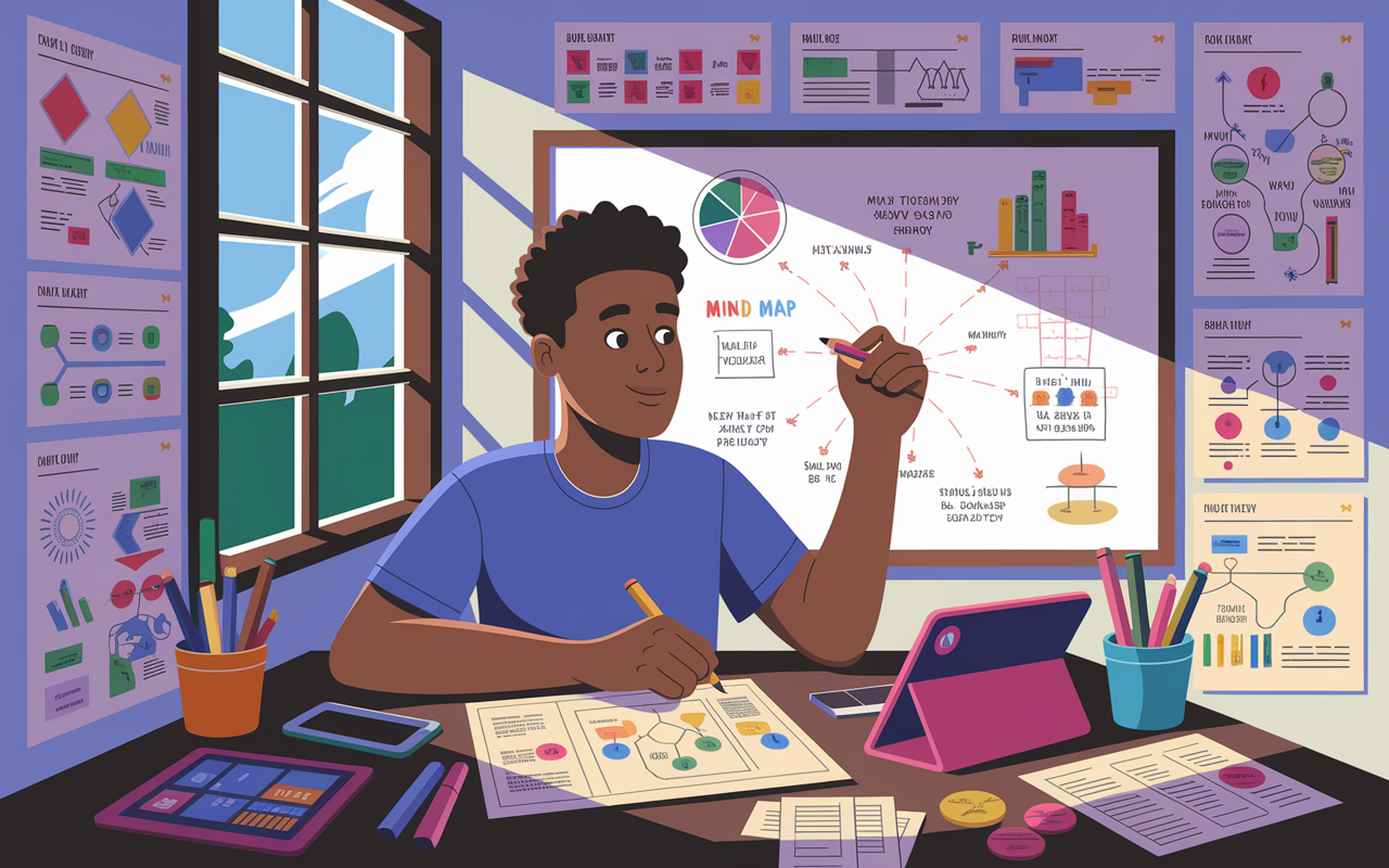 A digital illustration of a visual learner studying at a desk filled with colorful diagrams, flowcharts, and infographics related to biology and chemistry. A large window lets in natural sunlight, illuminating the vibrant posters on the walls. The student, a young Black man, is actively sketching a mind map on a whiteboard, with a focused expression. Various educational tools like tablets and flashcards are scattered around, creating a lively and engaging study space.