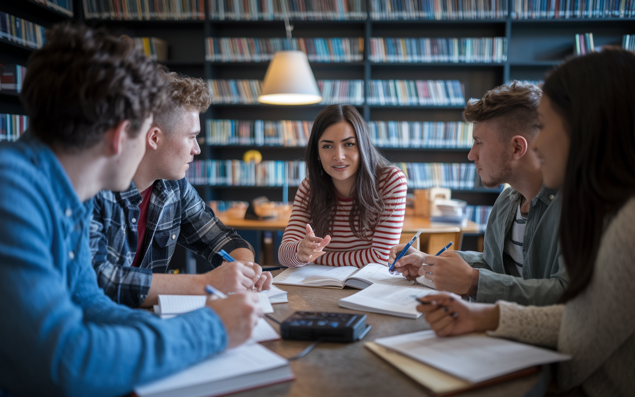 An engaging study group of auditory learners in a cozy library environment filled with books and study materials. The scene shows a diverse group of students animatedly discussing complex MCAT concepts, with a recording device capturing the discussion. One student, a Hispanic woman, speaks passionately while others listen intently, jotting down notes. Soft, warm lighting creates an inviting atmosphere, emphasizing collaboration and communication.