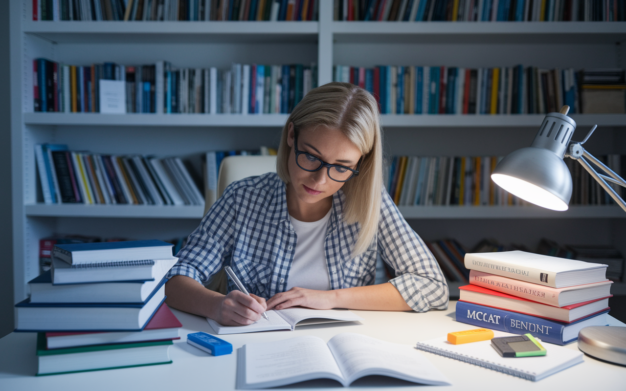 A focused reading/writing learner seated at a organized desk surrounded by various textbooks and research articles related to the MCAT. The student, a Caucasian woman with glasses, is deeply engaged, writing detailed notes in a notebook. The desk is illuminated by a bright desk lamp, enhancing the scholarly atmosphere. A wall shelf filled with books and articles provides a backdrop of knowledge, while notepads and highlighters are scattered about, suggesting active, intensive study.