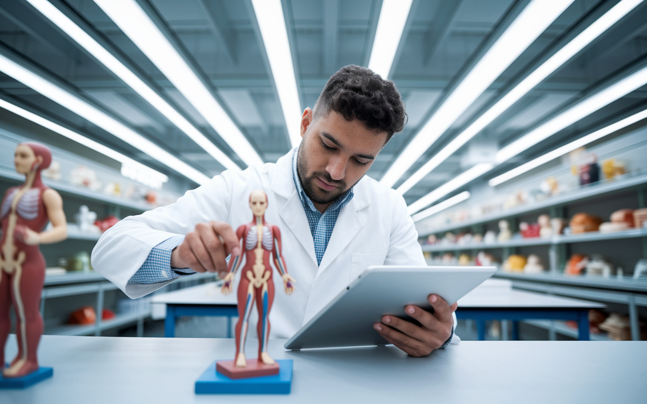 A dynamic scene of a kinesthetic learner engaged in a simulated lab environment, working with 3D models of the human body. The student, a Middle-Eastern man, examines a model while using a tablet for reference. Bright laboratory lights create a sterile and productive atmosphere, and shelves in the background are lined with anatomical models and resources for interactive learning. There is a palpable sense of activity and exploration, emphasizing learning through doing.