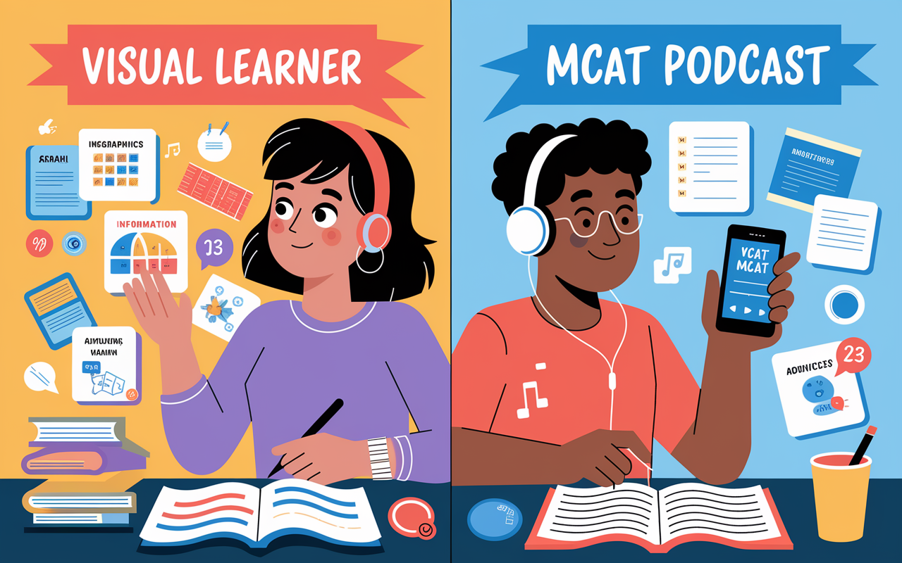 A split-screen illustration highlighting two successful MCAT study strategies. On the left, Sarah, a visual learner, is shown working on vibrant infographics filled with information, looking proud and accomplished. On the right, John, an auditory learner, is depicted listening to MCAT podcasts with headphones on his smartphone, surrounded by notes, showing a look of concentration. A bright and motivating atmosphere surrounds them both, signifying their distinctive but effective study methods.