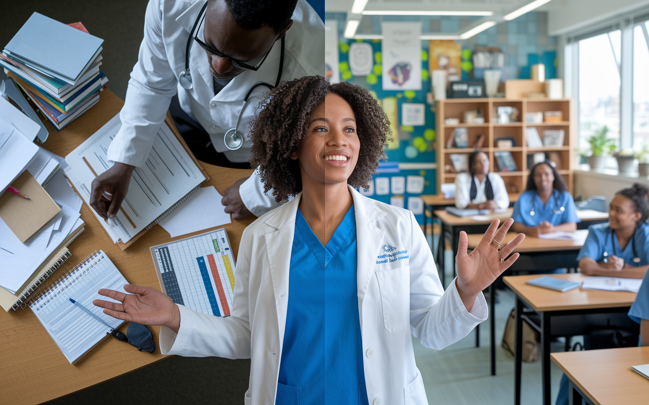 A split-scene visual showcasing the diverse responsibilities of a medical education professor. On one side, a professor developing a comprehensive curriculum at a desk cluttered with textbooks and digital resources. On the other, a dynamic classroom scene, where the same professor delivers a lively presentation to engaged medical students. The environment is bright and nurturing, filled with educational posters and medical tools. The professor, embodying both dedication and thought leadership, guides eager learners through the complexities of medicine.