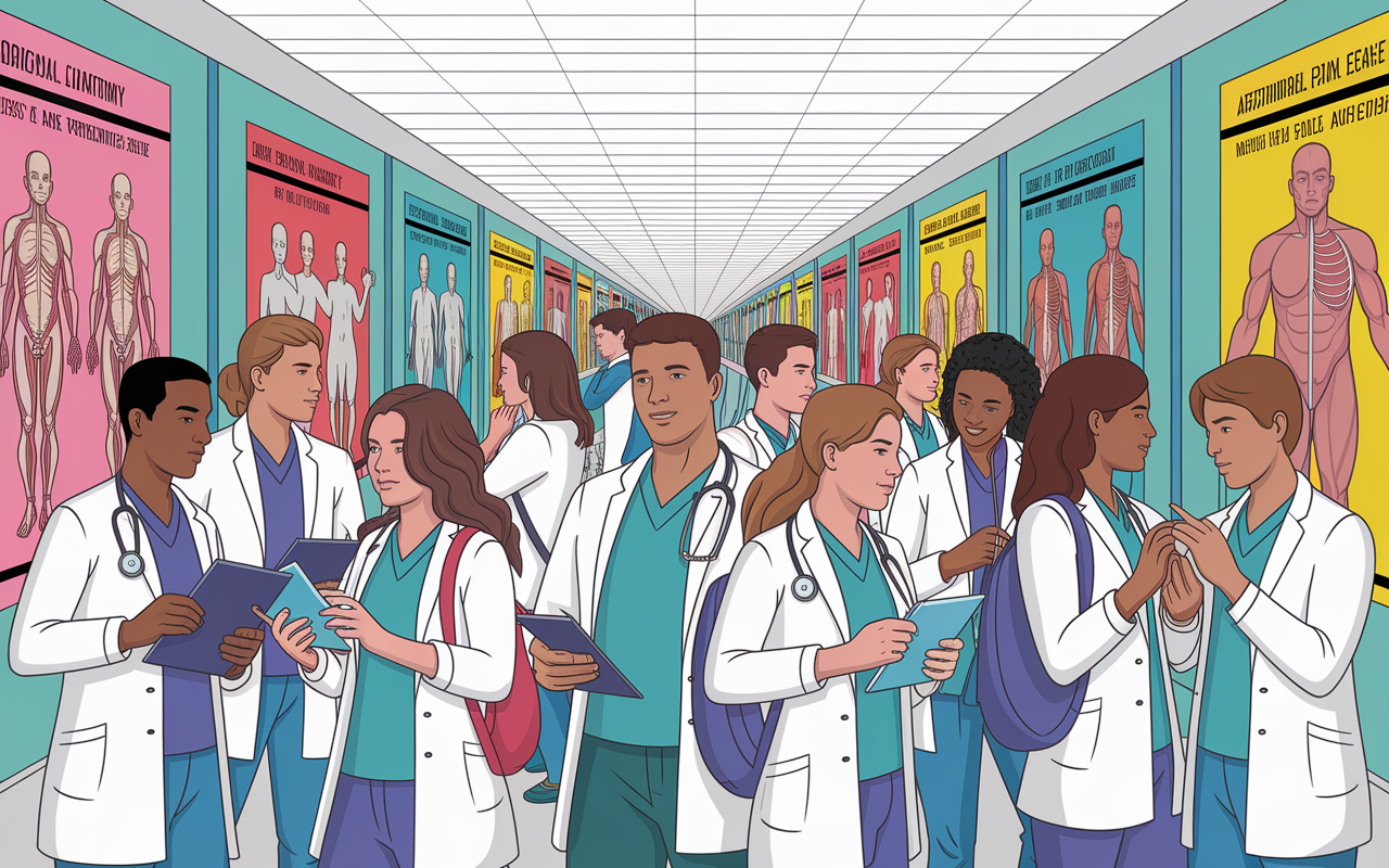 A visually striking scene illustrating a diverse group of medical students in a bustling medical school corridor, adorned with colorful posters of human anatomy and medical achievements. The students are engaged in discussions, studying together, and collaborating on group projects, with a palpable sense of excitement and determination. The corridor is filled with natural light, creating an atmosphere of hope and ambition as they embark on their medical education journey.