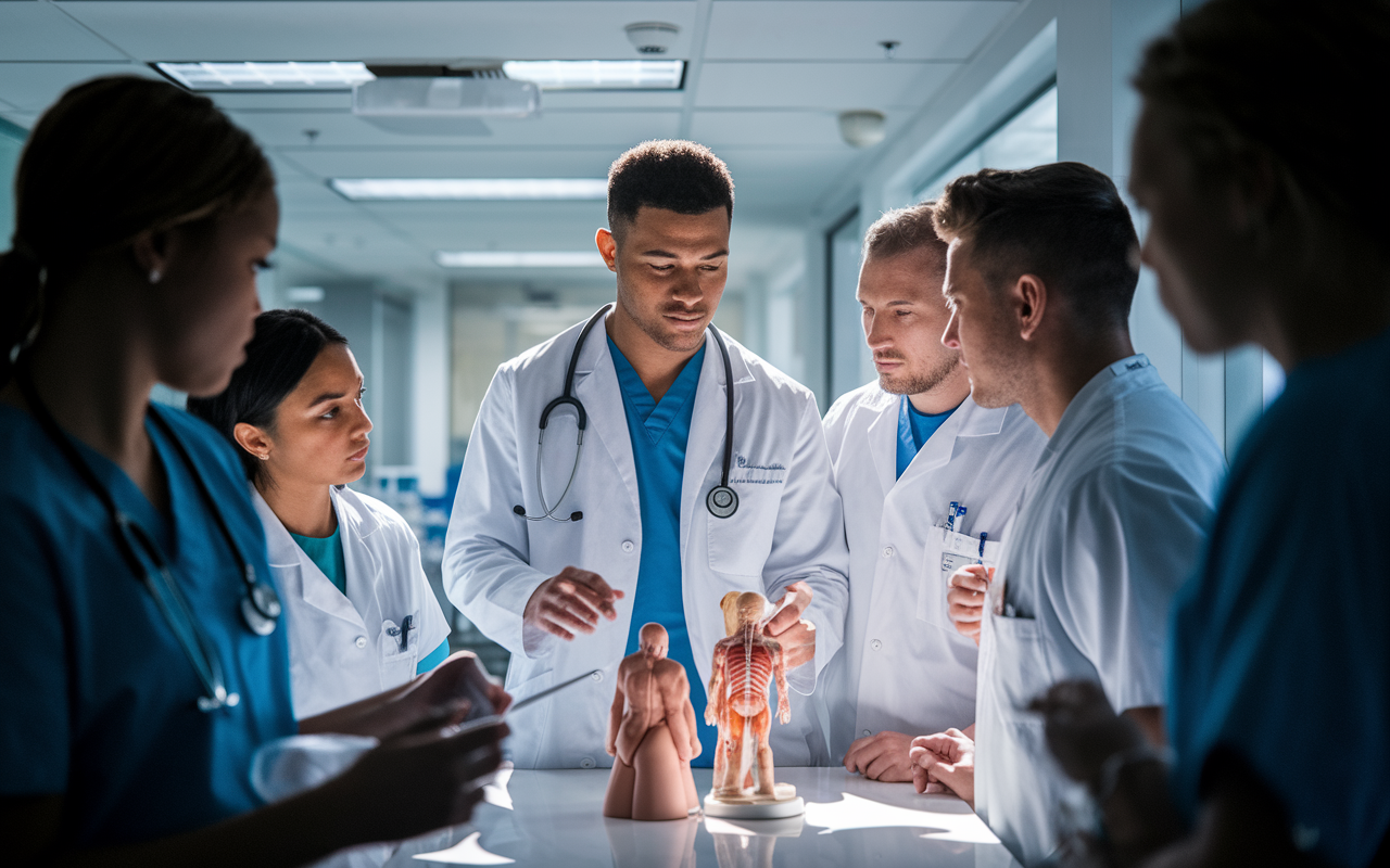 A shadowed image of a medical resident leading a small group teaching session in a hospital room, surrounded by curious medical students. The stress of acute patient care contrasts with the calm atmosphere as the resident explains vital medical concepts while pointing to anatomical models. The bright lighting highlights the focused expressions of the students, capturing the essence of mentorship and teaching in action.