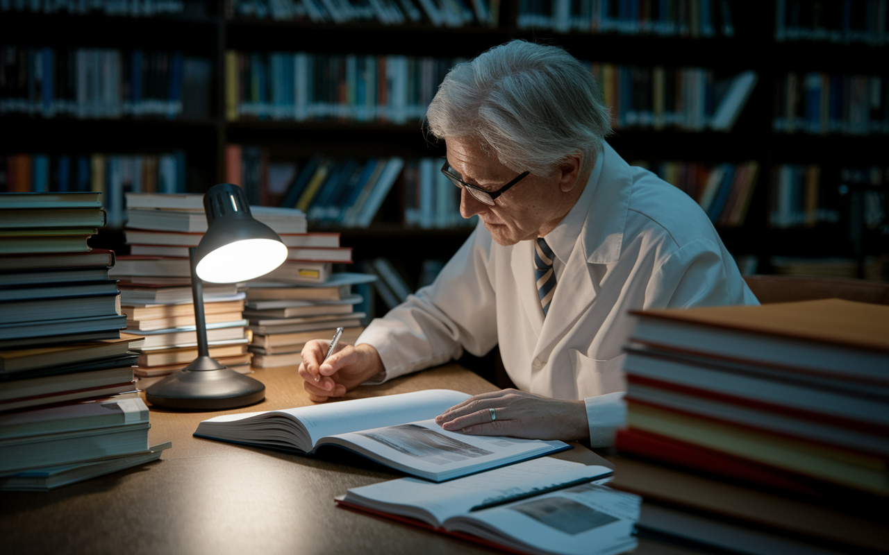 A focused academic scene in a dimly lit library, where a dedicated medical educator is engrossed in research. The professor reviews scholarly articles and academic journals, surrounded by stacks of texts and notes filled with ideas for innovative teaching methodologies. A small lamp casts a warm glow, reflecting the professor's passion and commitment to advancing medical education.