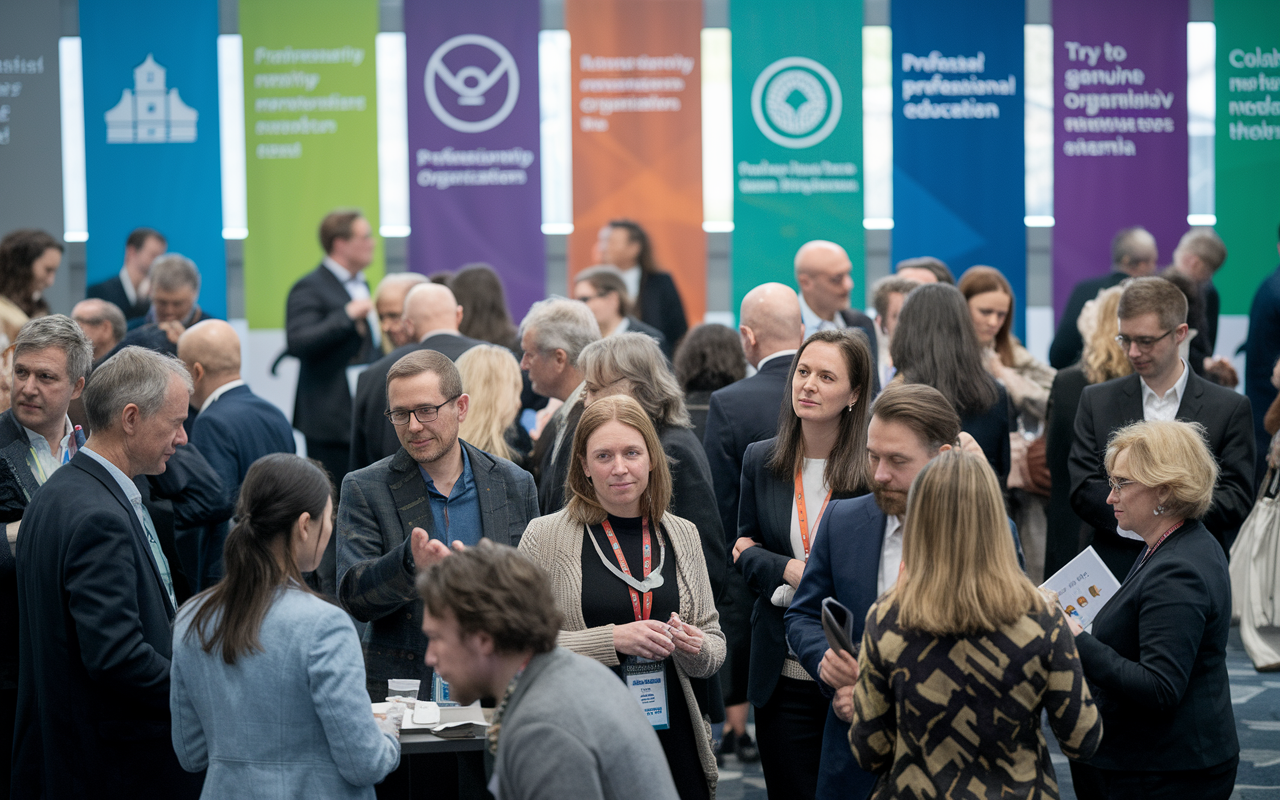 An engaging networking event within a medical education conference. Professors and medical educators from diverse backgrounds mingle and exchange ideas. The atmosphere is vibrant, with small groups debating various topics related to medical education. Colorful banners displaying logos of professional organizations decorate the venue. The focus is on genuine conversations, mentorship exchanges, and collaborative opportunities that thrive in academia.