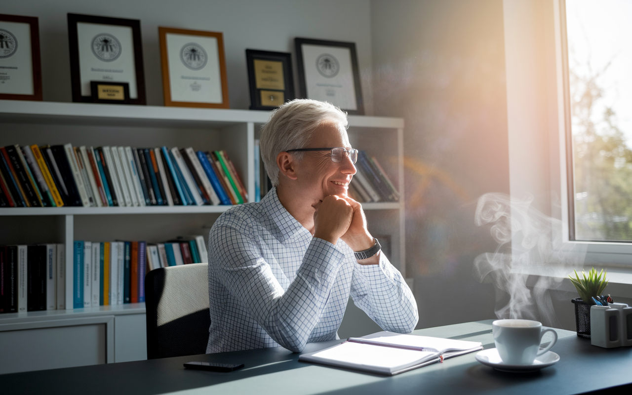 A contemplative medical education professor in a bright office, looking out the window with a sense of fulfillment and purpose. The room is lined with shelves of books on medical education and research, with framed awards on the walls. A cup of steaming coffee is on the desk, suggesting a thoughtful moment of reflection. Soft sunlight cascades into the room, illuminating the professor’s smile as they ponder the impact of their teaching on future generations.