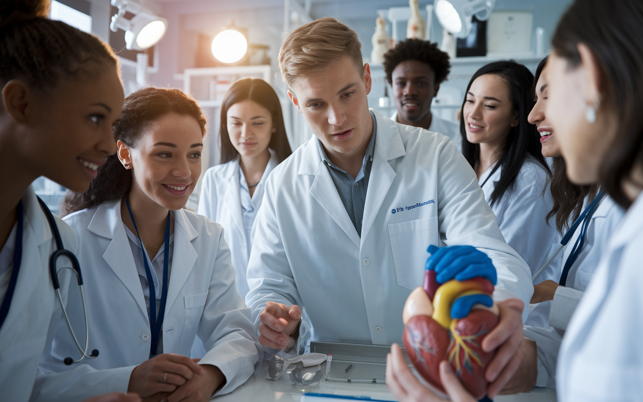 A focused medical educator, a young man in a lab coat, guiding a group of medical students in a laboratory setting. The room is filled with scientific equipment and anatomical models, creating an inspiring atmosphere. The students are diverse in gender and ethnicity, eagerly interacting and asking questions. The educator, with a look of encouragement and enthusiasm, points out details on a model of the human heart. Soft, warm lighting enhances the collaborative and nurturing environment.