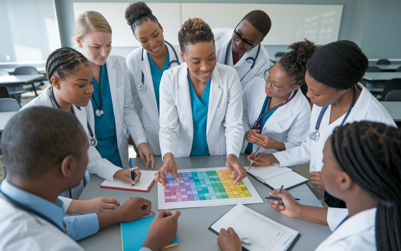 A diverse group of eager medical students gathered around an engaging educator in a modern classroom setting. The educator, a confident individual with a warm demeanor, uses colorful visual aids to illustrate complex concepts. Students are actively participating, taking notes, and asking questions, showing their engagement in the learning process. The classroom is equipped with technology, depicting a blend of traditional and modern educational environments, enhancing the atmosphere of collaborative learning.