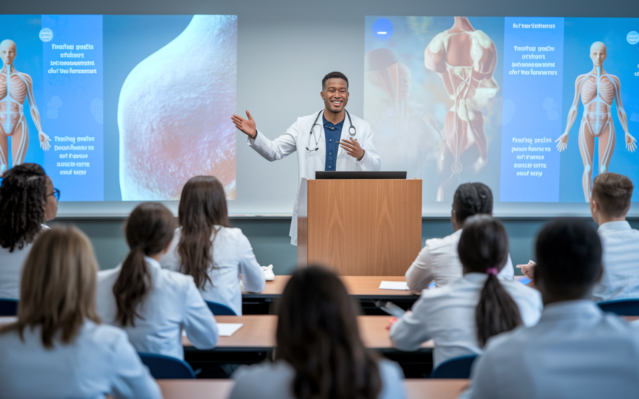 An inspiring scene of a medical educator standing at a podium, delivering a passionate lecture to a captivated audience of medical students. The classroom is filled with dynamic visuals, including anatomical models and digital presentations displaying engaging medical content. The educator's expression reflects enthusiasm and commitment, while the students, diverse in their backgrounds, are engaged, taking notes, and sharing insights with one another, creating an atmosphere of curiosity and learning.