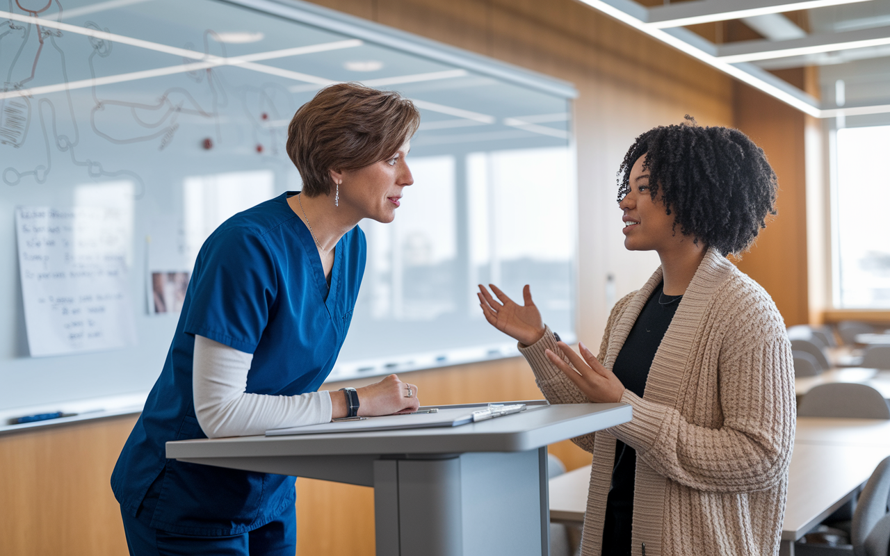 A focused medical educator with short brown hair, standing at a podium in a contemporary classroom, is engaged in a one-on-one discussion with a student. The educator is leaning slightly forward, displaying an open body posture, while the student, a young woman with curly black hair, is expressing her thoughts. A whiteboard filled with medical diagrams and notes is visible in the background, bathed in soft overhead lighting that creates a warm learning environment.