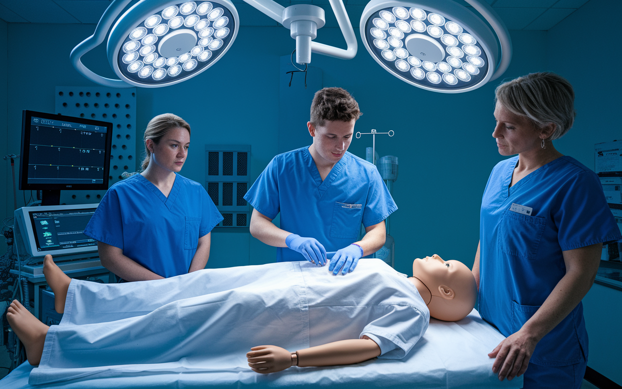 A high-fidelity medical simulation lab where medical students are practicing essential clinical skills. A male student, dressed in scrubs, is performing a simulated procedure on a life-like medical mannequin, while a pair of instructors, one male and one female, observe attentively. The room is equipped with advanced technology and medical equipment, illuminated by bright, clinical lights that create a focused training atmosphere.