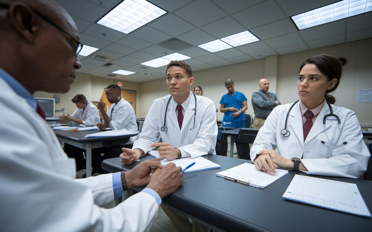 An instructor overseeing a diverse group of medical students participating in Objective Structured Clinical Examinations (OSCEs) in a clinical skills assessment room. One student is interacting with a standardized patient, while another student awaits their turn with exam papers and a prepared checklist on a side table. Fluorescent lights illuminate the clinical space, highlighting the seriousness of the evaluation atmosphere.