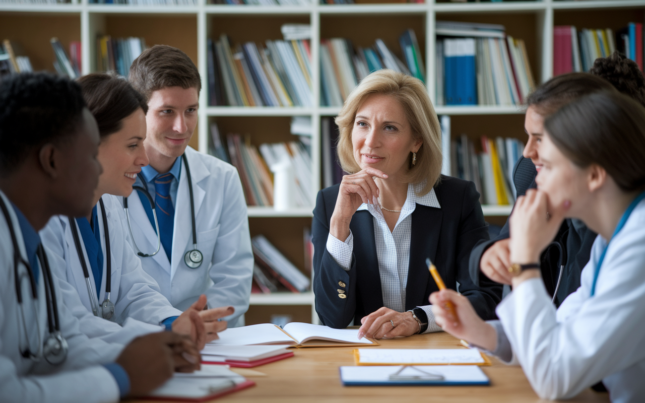 A seasoned medical educator is mentoring a group of enthusiastic medical students in a cozy office filled with books and educational materials. The educator, a middle-aged woman in professional attire, is engaged in a thoughtful discussion, offering guidance and encouragement. The students, showing a mix of curiosity and determination, are actively participating, creating a supportive mentorship atmosphere enhanced by warm lighting.