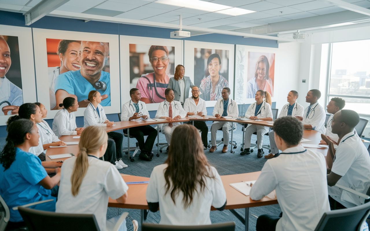 A diverse group of medical students is engaged in cultural competency training in a spacious seminar room, featuring images of various cultural healthcare practices on the walls. An expert facilitator is leading the session, encouraging students to share their experiences, fostering an inclusive and respectful learning atmosphere. The room is brightly lit and filled with a sense of community and open dialogue.